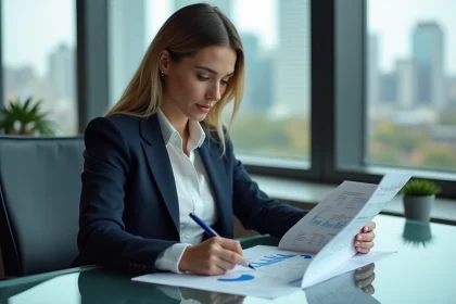 Femme d'affaires étudie un rapport financier dans un bureau moderne