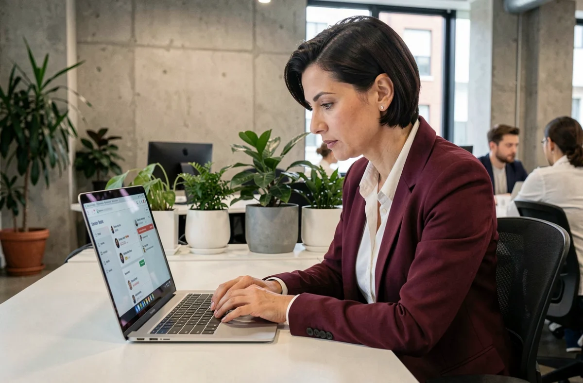 Femme d'affaires utilisant une plateforme de réseau professionnel B2B sur son ordinateur dans un espace de coworking