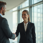 Femme d'affaires confiante serre la main d'un client dans un bureau lumineux