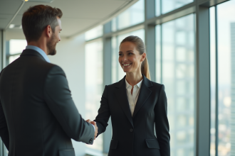 Femme d'affaires confiante serre la main d'un client dans un bureau lumineux