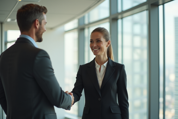 Femme d'affaires confiante serre la main d'un client dans un bureau lumineux