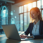Femme d'affaires confiante travaillant sur un ordinateur dans un bureau moderne