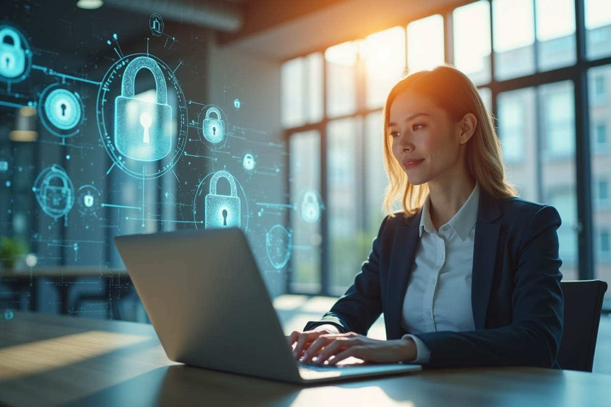 Femme d'affaires confiante travaillant sur un ordinateur dans un bureau moderne