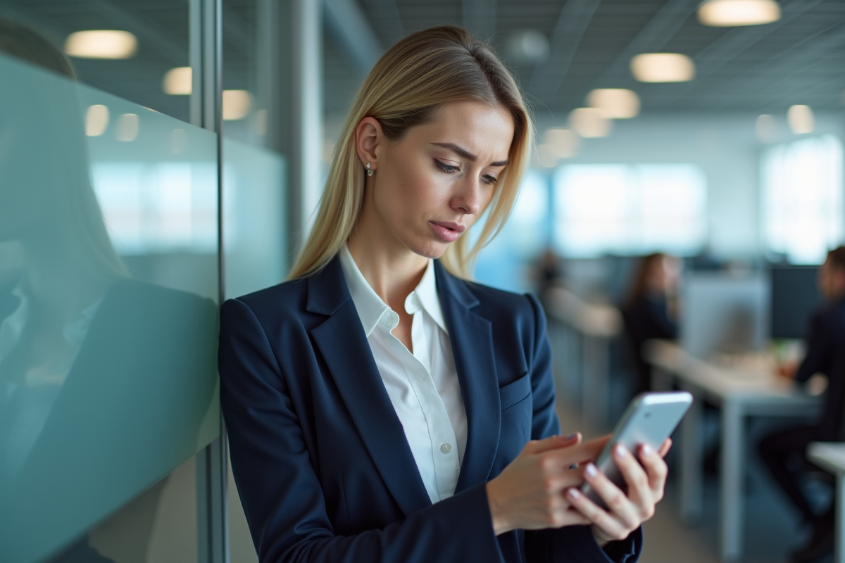 Femme d affaires vérifiant son smartphone dans un espace moderne