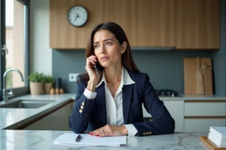 Femme d affaires en costume navy au téléphone dans la cuisine