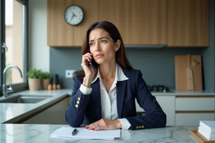 Femme d affaires en costume navy au téléphone dans la cuisine