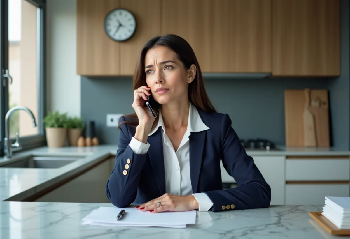 Femme d affaires en costume navy au téléphone dans la cuisine