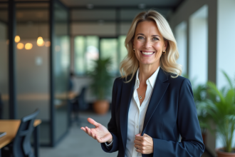 Femme d'affaires souriante dans un bureau moderne