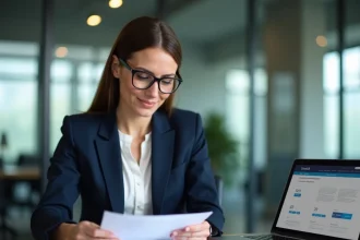 Femme d'affaires analysant des documents d'information société avant de signer un contrat
