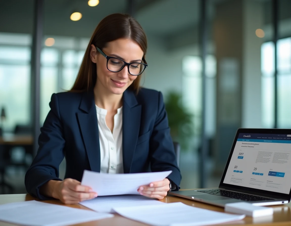Femme d'affaires analysant des documents d'information société avant de signer un contrat
