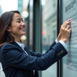 Femme en costume pinçant une affiche en ville