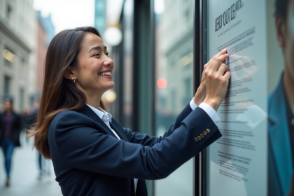 Femme en costume pinçant une affiche en ville