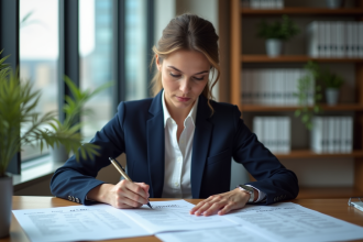 Femme en blazer bleu examinant checklists SEO sur bureau