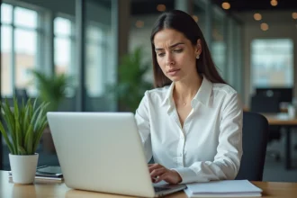 Femme au bureau en pleine concentration sur son ordinateur