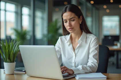 Femme au bureau en pleine concentration sur son ordinateur
