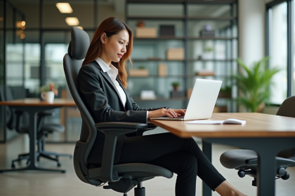 Femme en tenue professionnelle assise à un bureau moderne