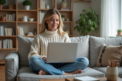 Femme assise sur un canapé avec un ordinateur portable dans un salon lumineux