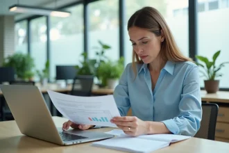 Femme professionnelle consultant un bulletin de paie sur son bureau avec un logiciel RH ouvert sur ordinateur portable