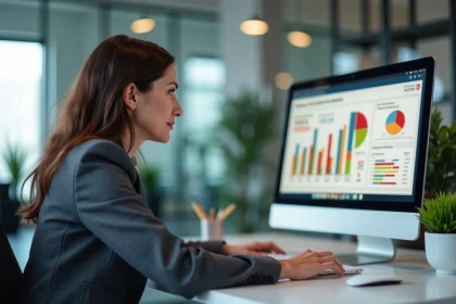 Femme d affaires au bureau regardant son ordinateur