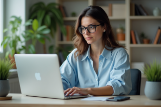 Femme concentrée travaillant sur son ordinateur dans un bureau moderne