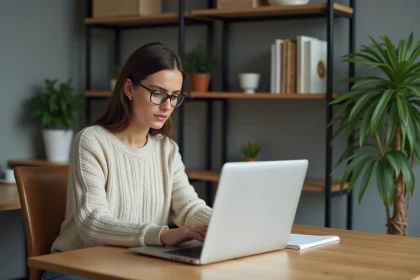 Femme en bureau à domicile face à un ordinateur portable