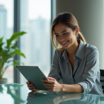 Femme confiante en bureau moderne avec tablette