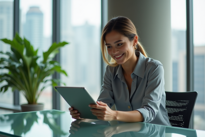 Femme confiante en bureau moderne avec tablette