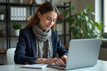 Femme en bureau moderne travaillant sur son ordinateur