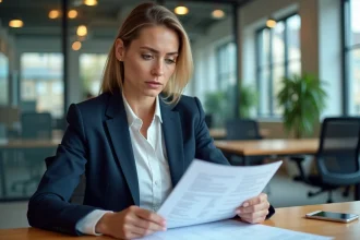 Cadre supérieure en entreprise analysant un document de gestion du temps de travail et forfait jours au bureau