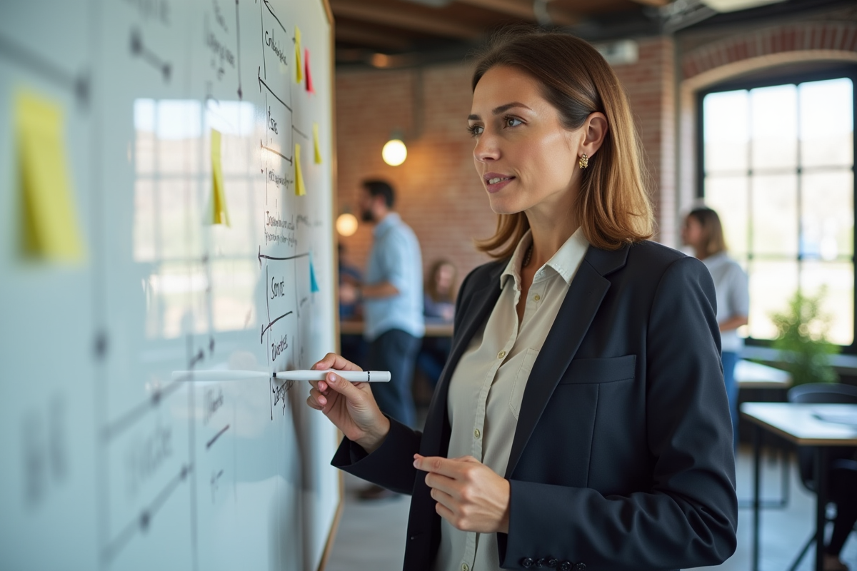 Femme en blazer discutant devant un tableau blanc