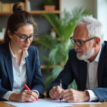 Femme en blazer navy discutant avec un conseiller