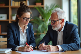 Femme en blazer navy discutant avec un conseiller