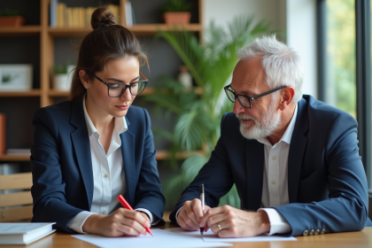 Femme en blazer navy discutant avec un conseiller