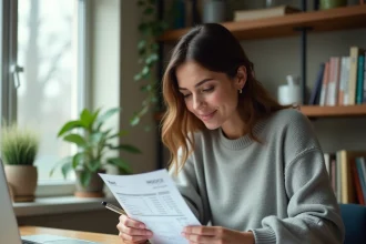 Femme consultant une facture imprimée dans un bureau à domicile pour comprendre sa comptabilité