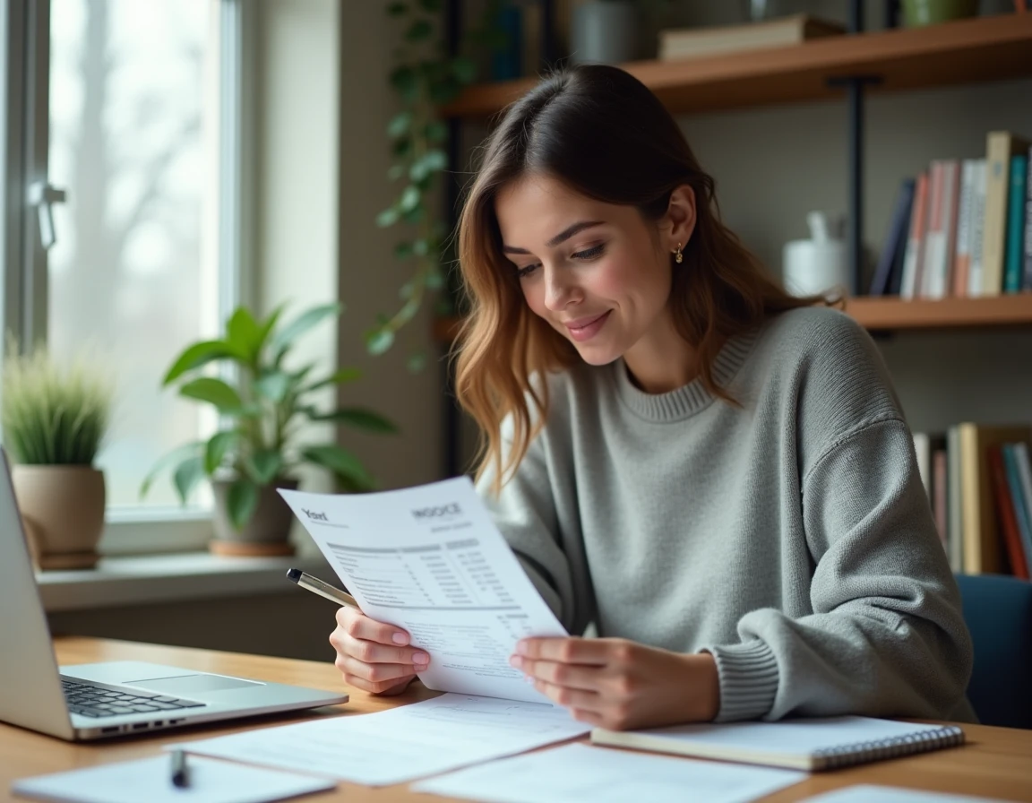 Femme consultant une facture imprimée dans un bureau à domicile pour comprendre sa comptabilité