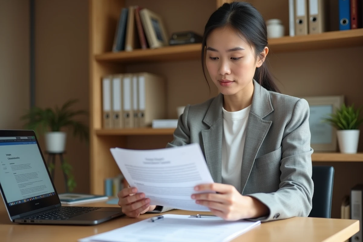 Femme consultant un document ROME emploi à son bureau à domicile pour définir son projet professionnel