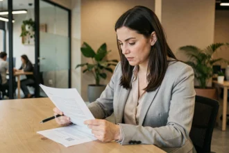 Femme consultant un contrat de portage salarial avec attention avant de signer, assise dans un espace de coworking moderne