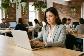 Femme réservant son bureau dans un espace de coworking Le Patio, assise à un poste de travail moderne avec son ordinateur portable