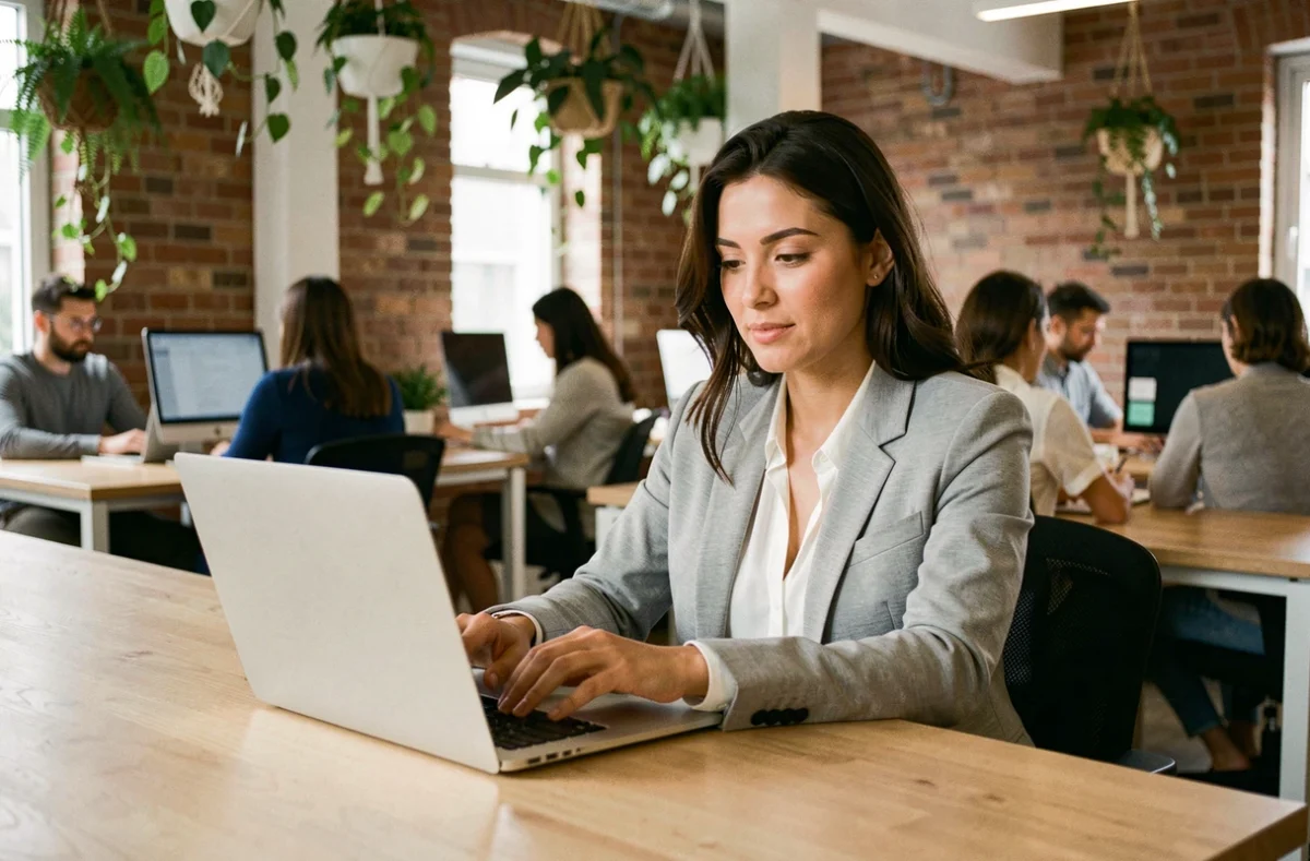 Femme réservant son bureau dans un espace de coworking Le Patio, assise à un poste de travail moderne avec son ordinateur portable