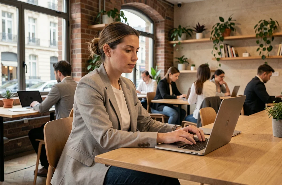 Femme professionnelle travaillant dans un espace de coworking moderne à Compiègne avec des murs en briques et de grandes fenêtres industrielles
