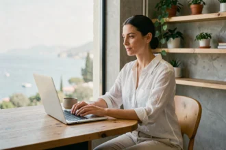 Femme travaillant dans un espace de coworking à La Ciotat avec vue sur la mer Méditerranée