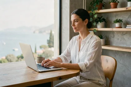 Femme travaillant dans un espace de coworking à La Ciotat avec vue sur la mer Méditerranée
