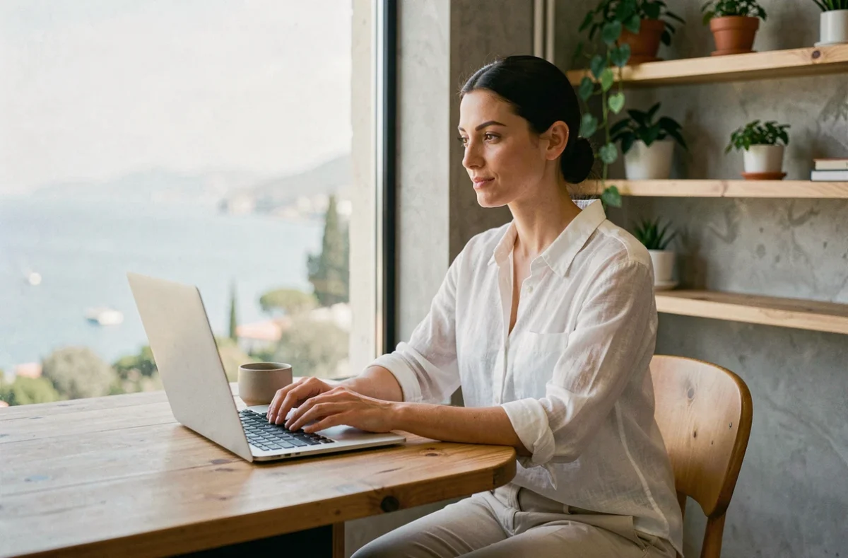 Femme travaillant dans un espace de coworking à La Ciotat avec vue sur la mer Méditerranée