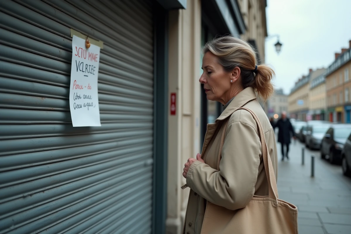 Une femme devant un supermarché fermé avec rideau baissé dans une rue commerçante française