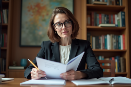 Femme d'âge moyen dans un bureau studieux avec documents