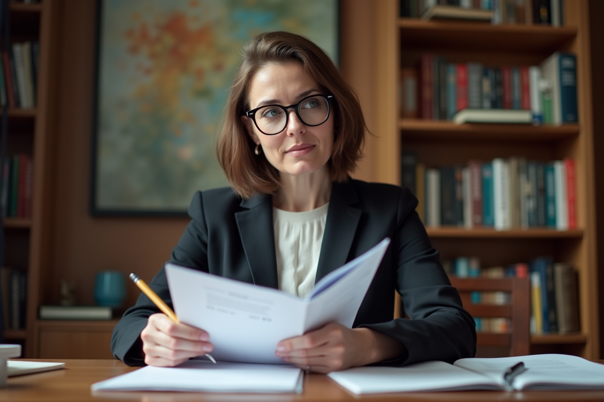 Femme d'âge moyen dans un bureau studieux avec documents