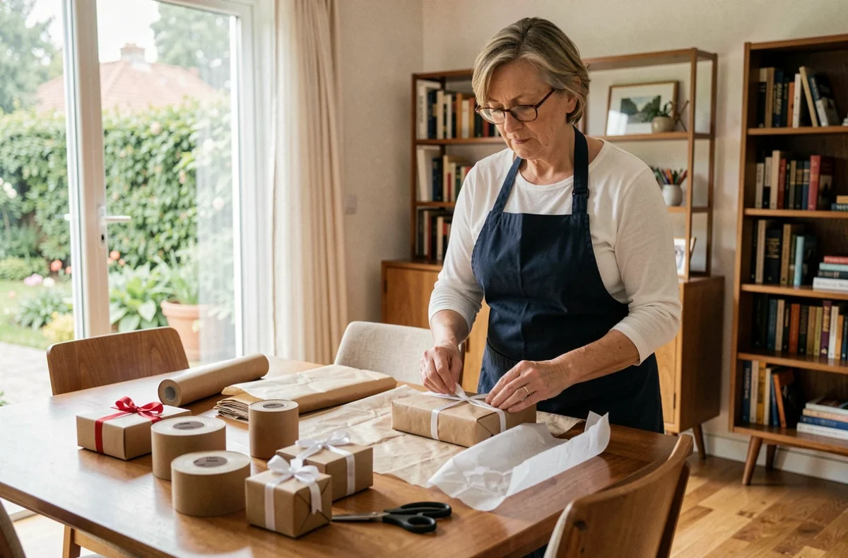 Femme d'âge mûr emballant des colis chez elle à table avec des fournitures d'emballage professionnelles, concept de travail à domicile sérieux et anti-arnaque
