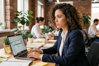 Femme entrepreneure en train d'analyser des idées de business sur un bureau avec cahiers et ordinateur portable dans un espace de coworking moderne
