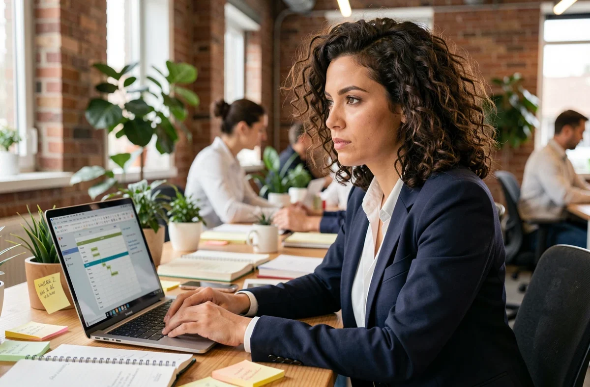 Femme entrepreneure en train d'analyser des idées de business sur un bureau avec cahiers et ordinateur portable dans un espace de coworking moderne