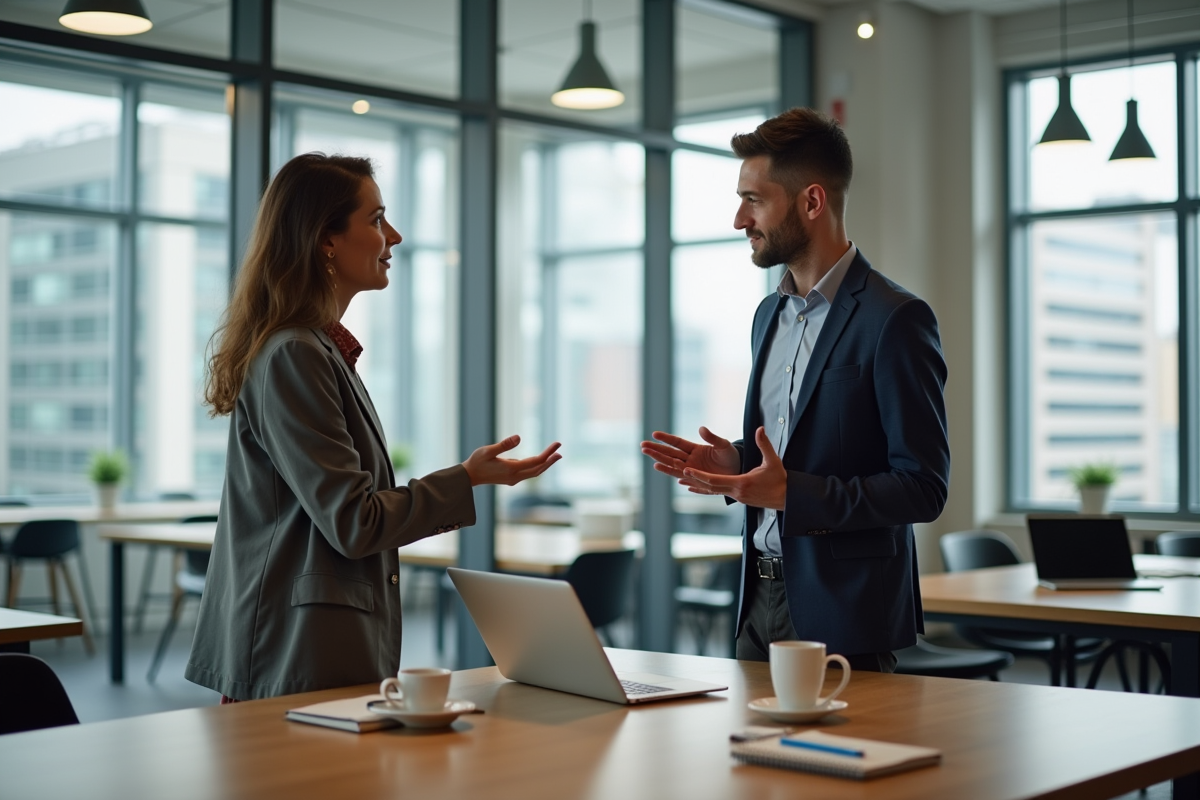 Femme en business casual montrant un ordinateur portable dans un espace de coworking